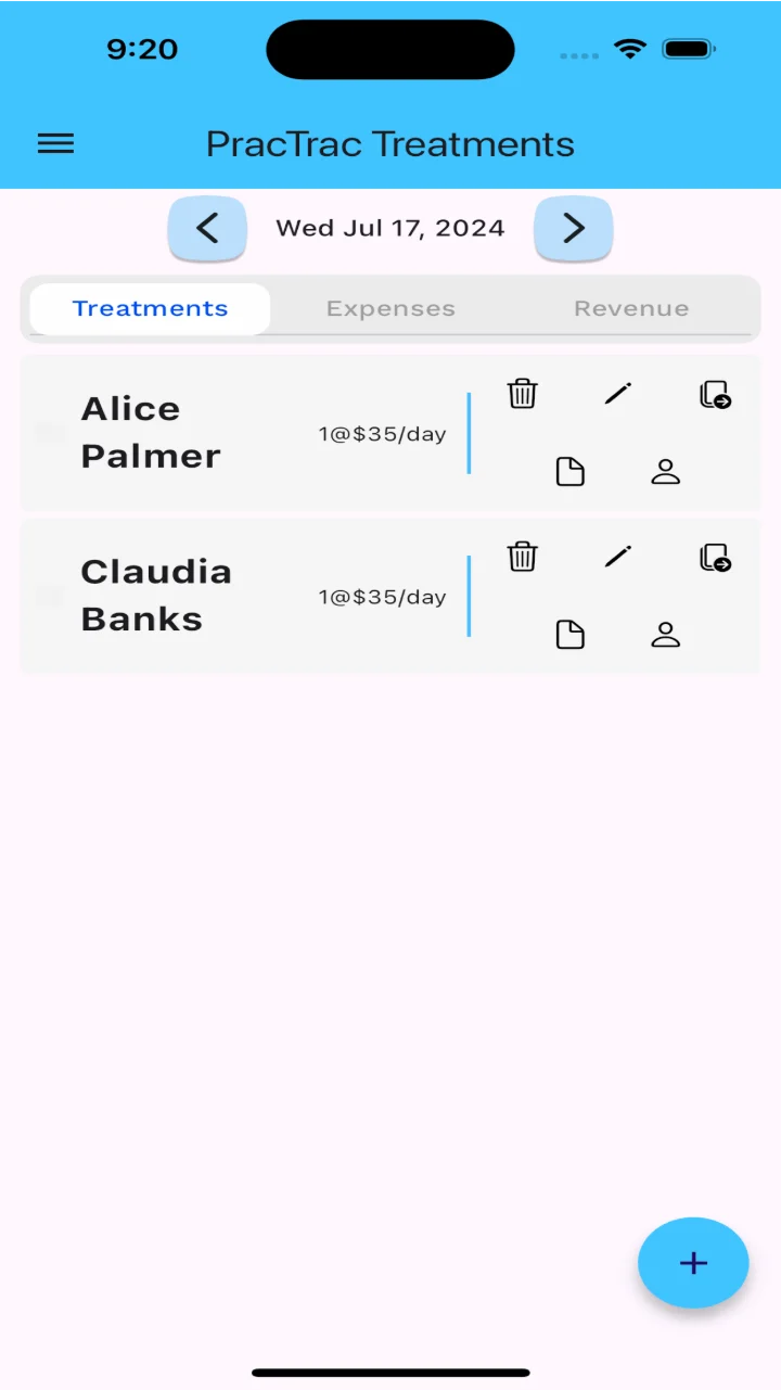 PracTrac Treatments screen for Wednesday, July 17, listing two patients each billed one day at $35 per day.